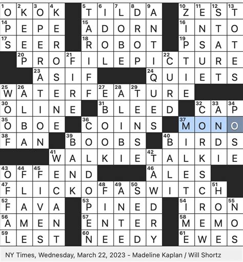 Two or more clue answers mean that the clue has appeared multiple times throughout the years. SINGER BAREILLES Ny Times Crossword Clue Answer. SARA. This clue was last seen on NYTimes November 07, 2023 Puzzle. If you are done solving this clue take a look below to the other clues found on today's puzzle in case you may need help …